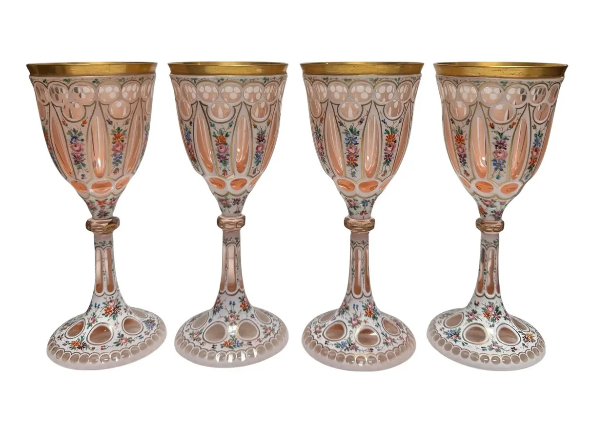 Set of 4 Moser Bohemian Enameled Decorated Cut Crystal Wine Stem Glasses