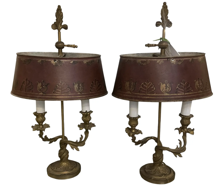 Pair of Antique 19c Louis XV Style Gilt Bronze Bouillotte Lamps