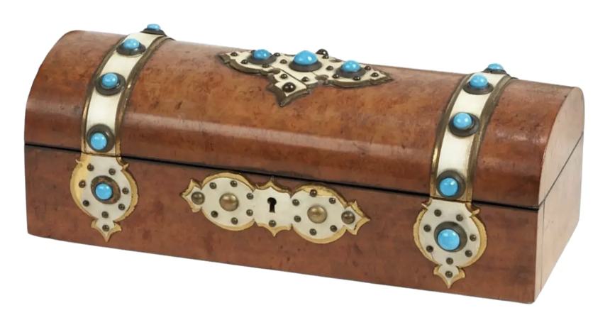 Antique Napoleon III Burl Walnut Turquoise Cabachon Glove Box