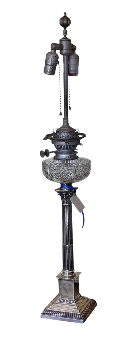 Antique Mappin & Webb Neoclassical Column Silver & Cut Crystal Table Lamp