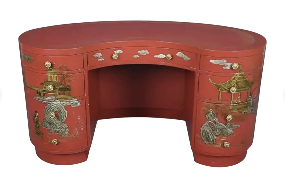 Vintage Red & Gold Leather Top Kidney Shaped Chinoiserie Painted Desk