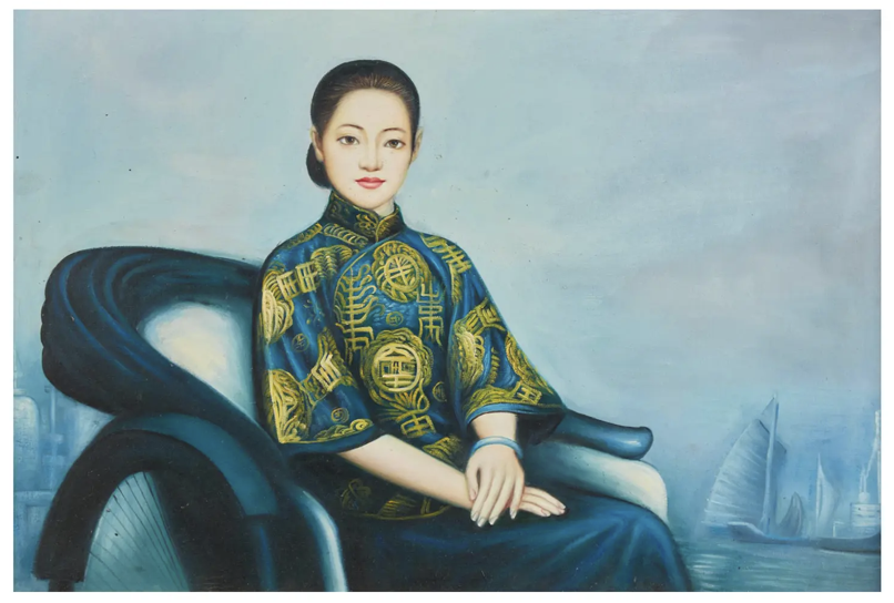 Oriental Portrait Oil Painting of a Woman Seated in a Rickshaw