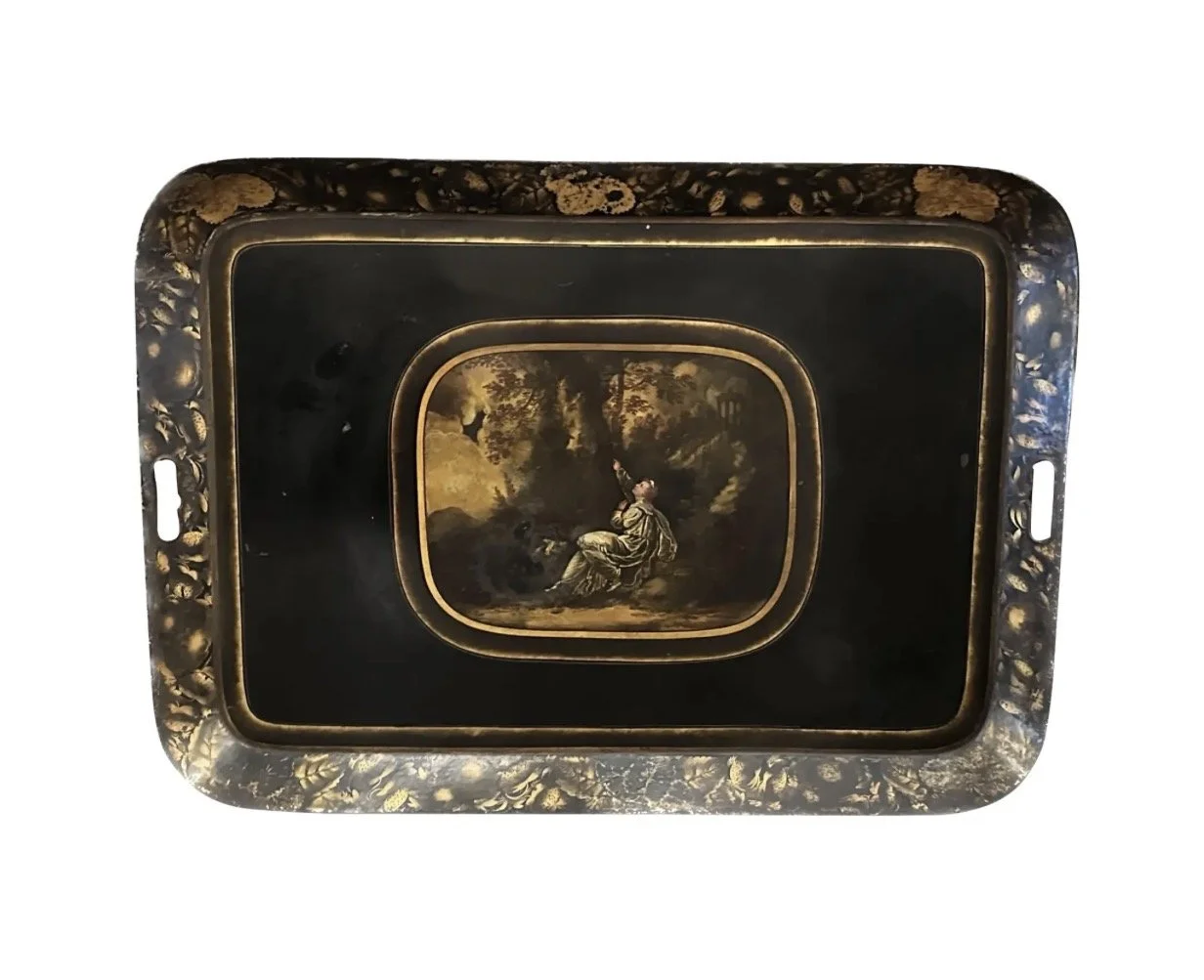 Antique Early 19th C Black Lacquer Roman Scene Tole Tray