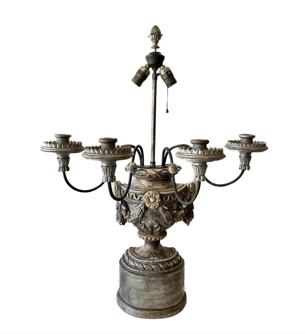 Antique 18th C Italian Giltwood Finial Candelabra Lamp