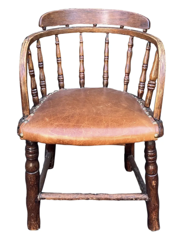 Antique Child’s Windsor Barrel Chair With Leather Seat