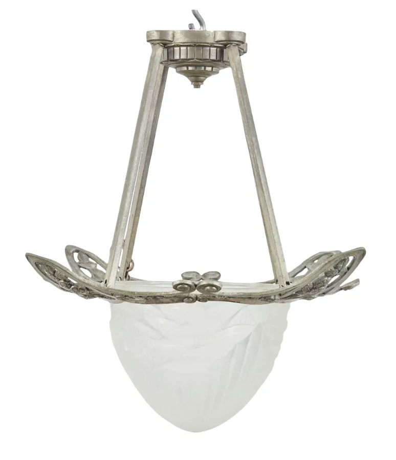 Antique Schneider French Art Deco Bronze and Frosted Glass Plafonnier Pendant Chandelier