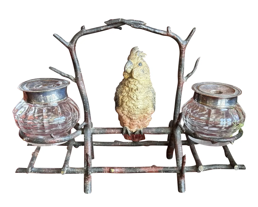 Antique Vienna Bronze Parrot Bird Sculpture Inkwell