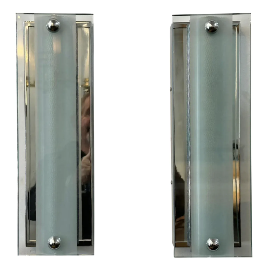 Pair of Mid Century Modern Art Deco Glass & Chrome Wall Sconces