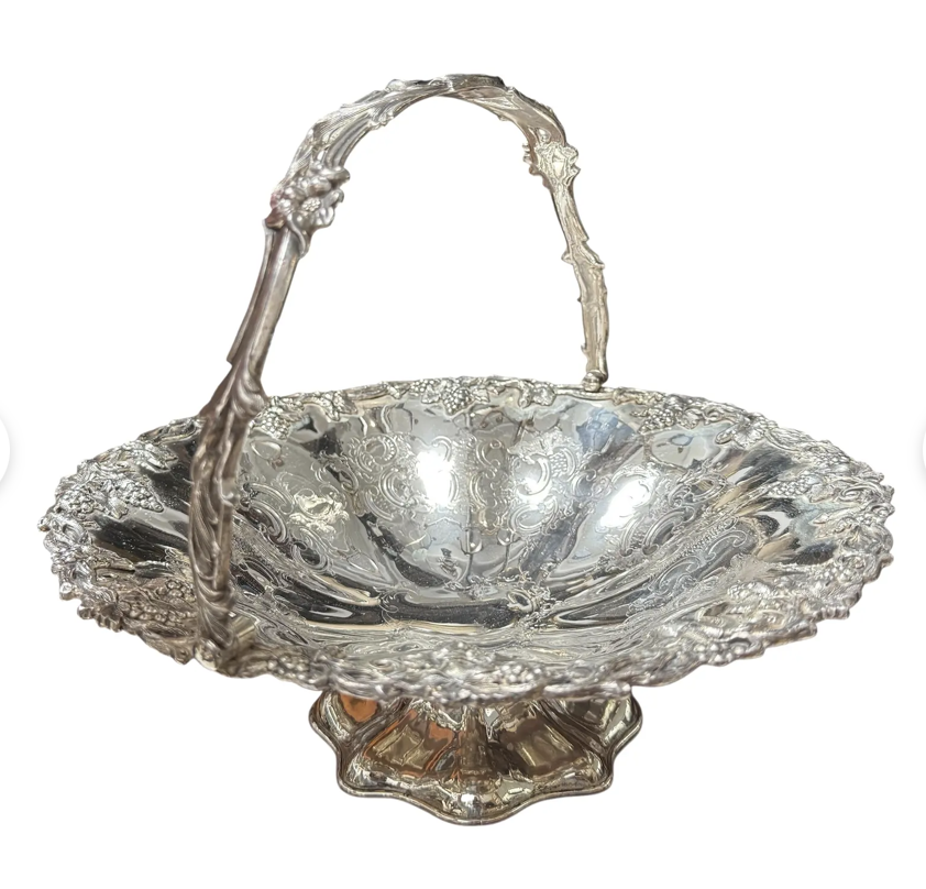 Antique Silver Plated Grapevine Repousse Scalloped Basket Bowl