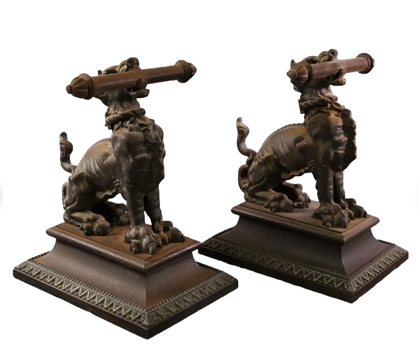 Pair of Antique Bronze Griffin Sculpture Andirons