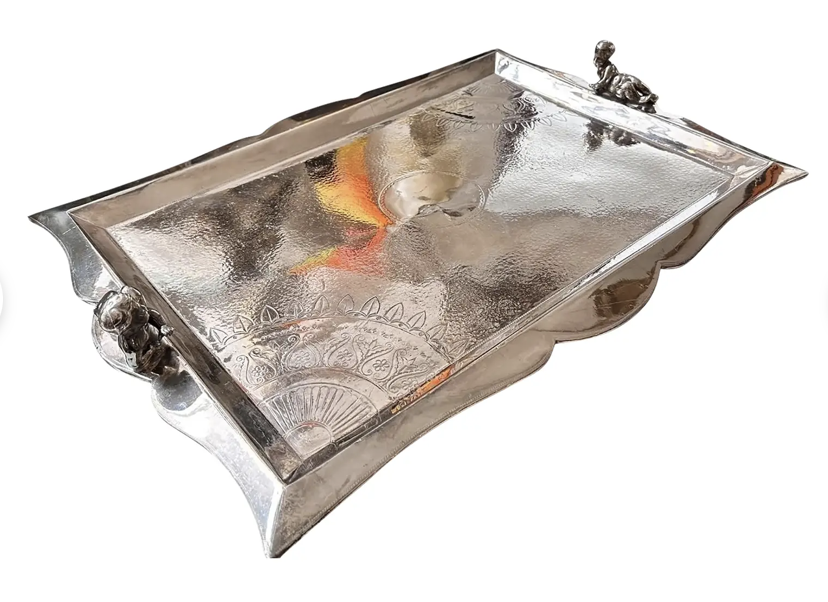 Huge Antique Silver Platter Tray With Nude Putti Handles