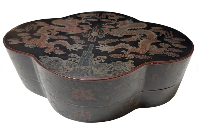 Large Antique Chinese Black Lacquer Storage Box With Dragons