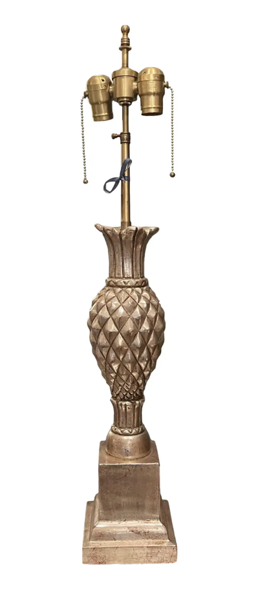 Regency Style Thomas Morgan Carved Pineapple Form Silver Giltwood Designer Table Lamp