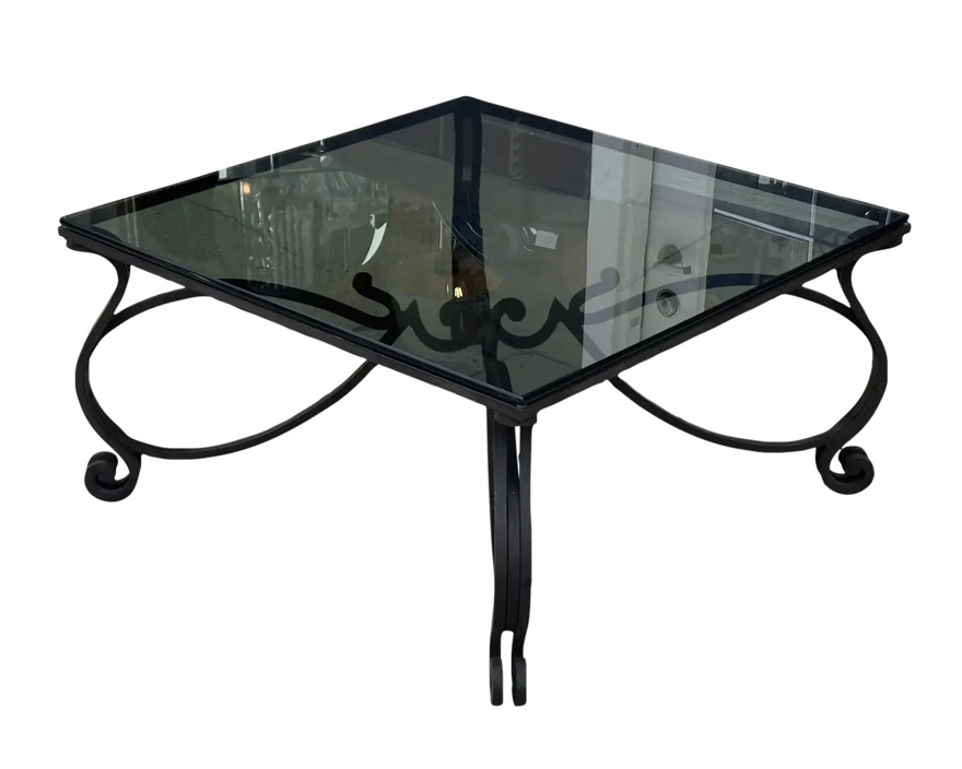 Paul Ferrante Black Glass & Wrought Iron Coffee Cocktail Table