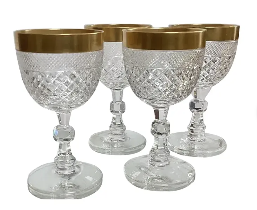 Set of 4 Antique Moser Gold Encrusted Cut Crystal Wine Stems