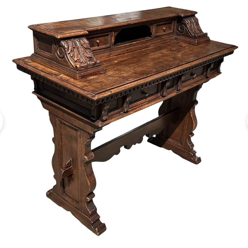Antique Spanish Colonial Carved Walnut House Trestle Writing Desk