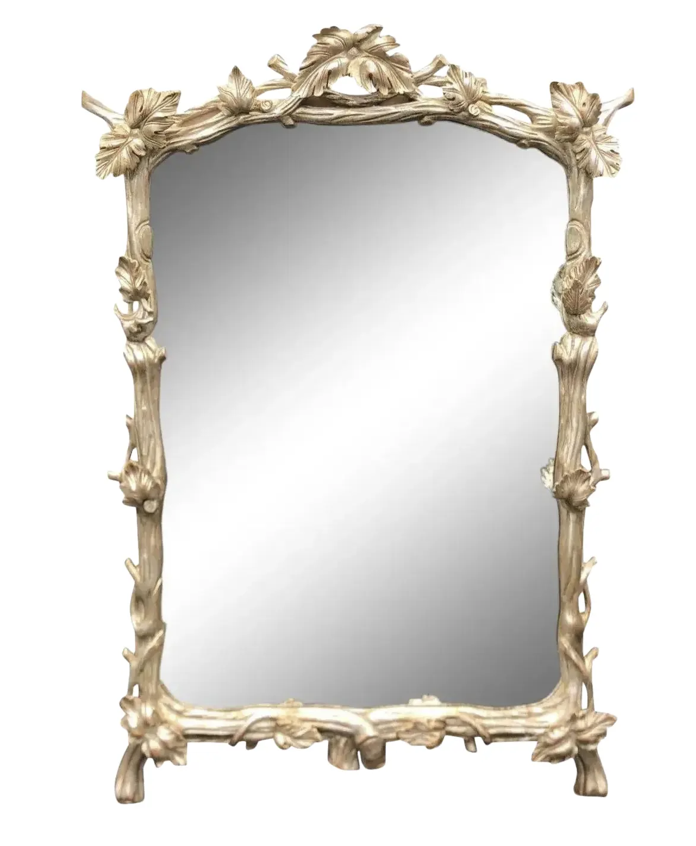 18th C Style Carved Silver Giltwood Designer Twig Mirror W Grapevines
