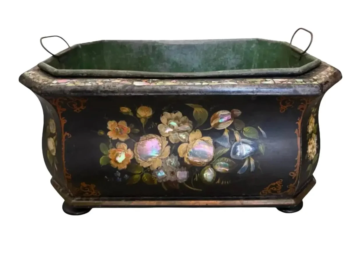Antique Papier Mache Black Chinoiserie Mother of Pearl Inlaid Jardiniere Planter