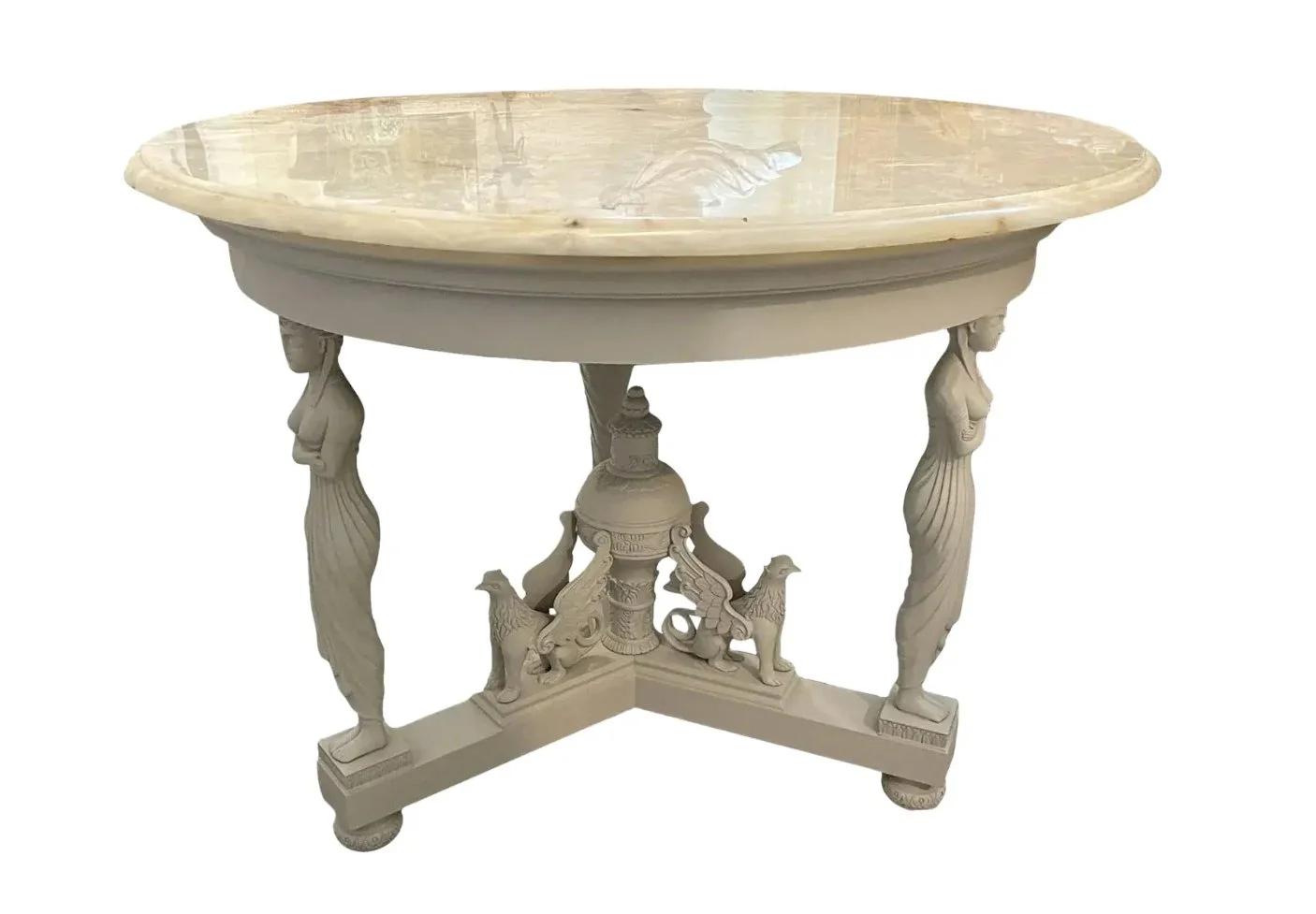 19th C Style Winged Griffin Marble Top Table W Figural Columns