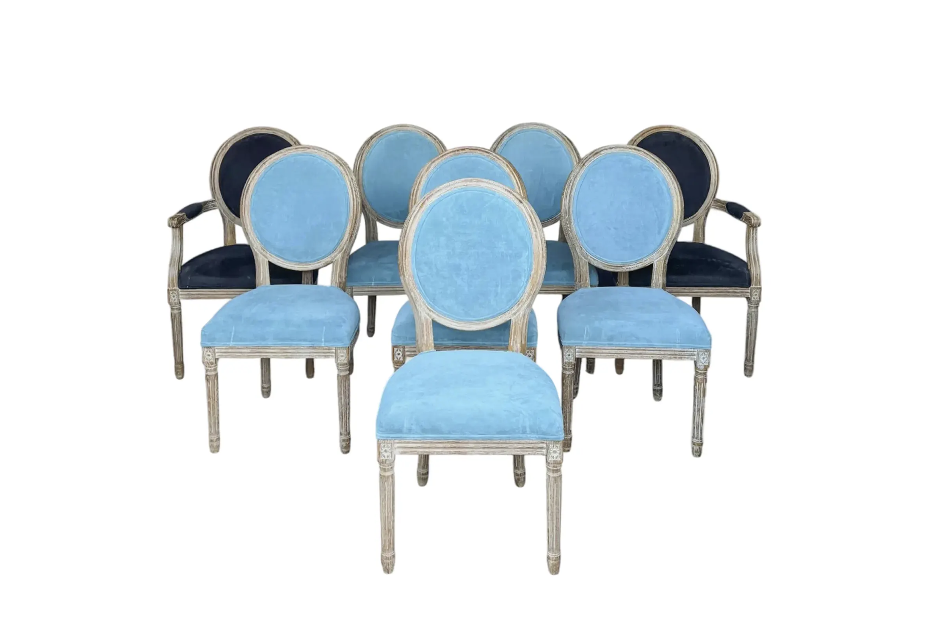 Set of 8 Swedish Louis XVI Style Blue Velvet Upholstered Dining Chairs
