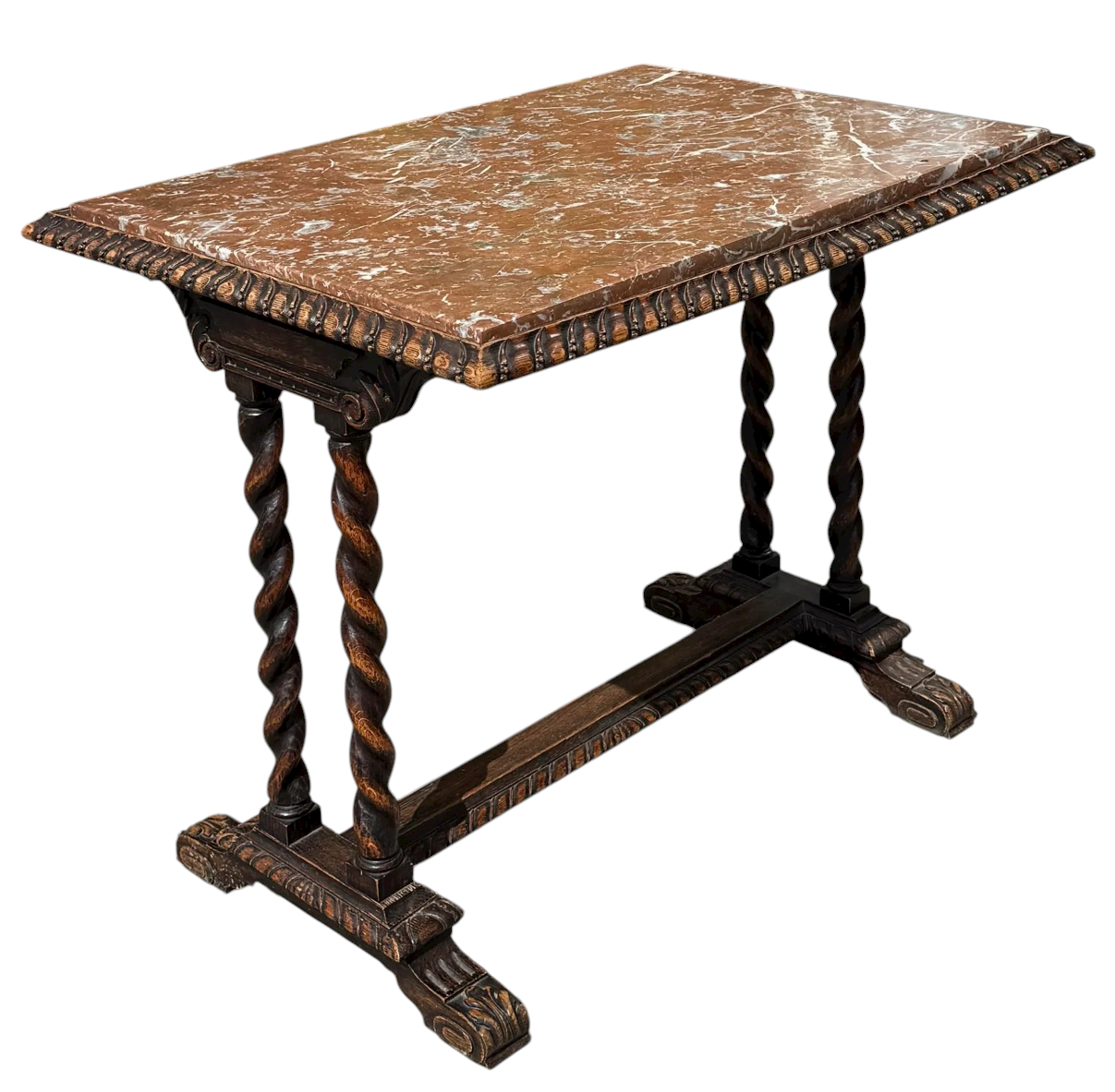 Antique Spanish Colonial Carved Walnut Table W Marble Top