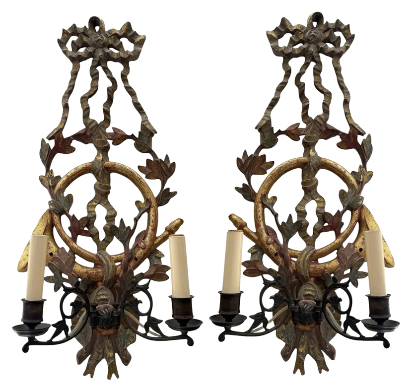 Pair of 18th C Style Cannell & Chaffin Giltwood Light Sconces