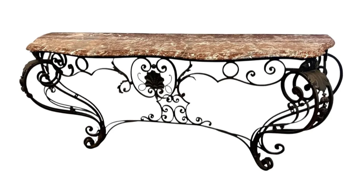 Antique French Wrought Iron Marble Top Console Table