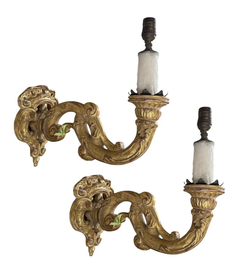 Pair of 18th C Style Louis XV Giltwood Wall Light Sconces