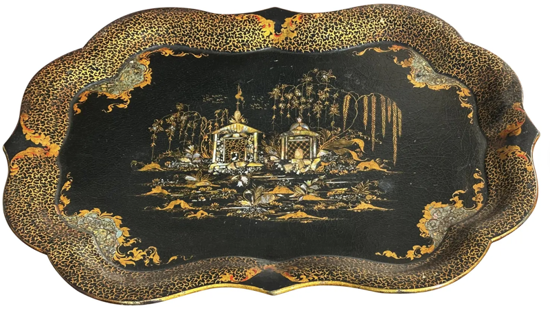 Huge Antique Chinoiserie Abalone Inlaid Scenic Paper Mache Tray