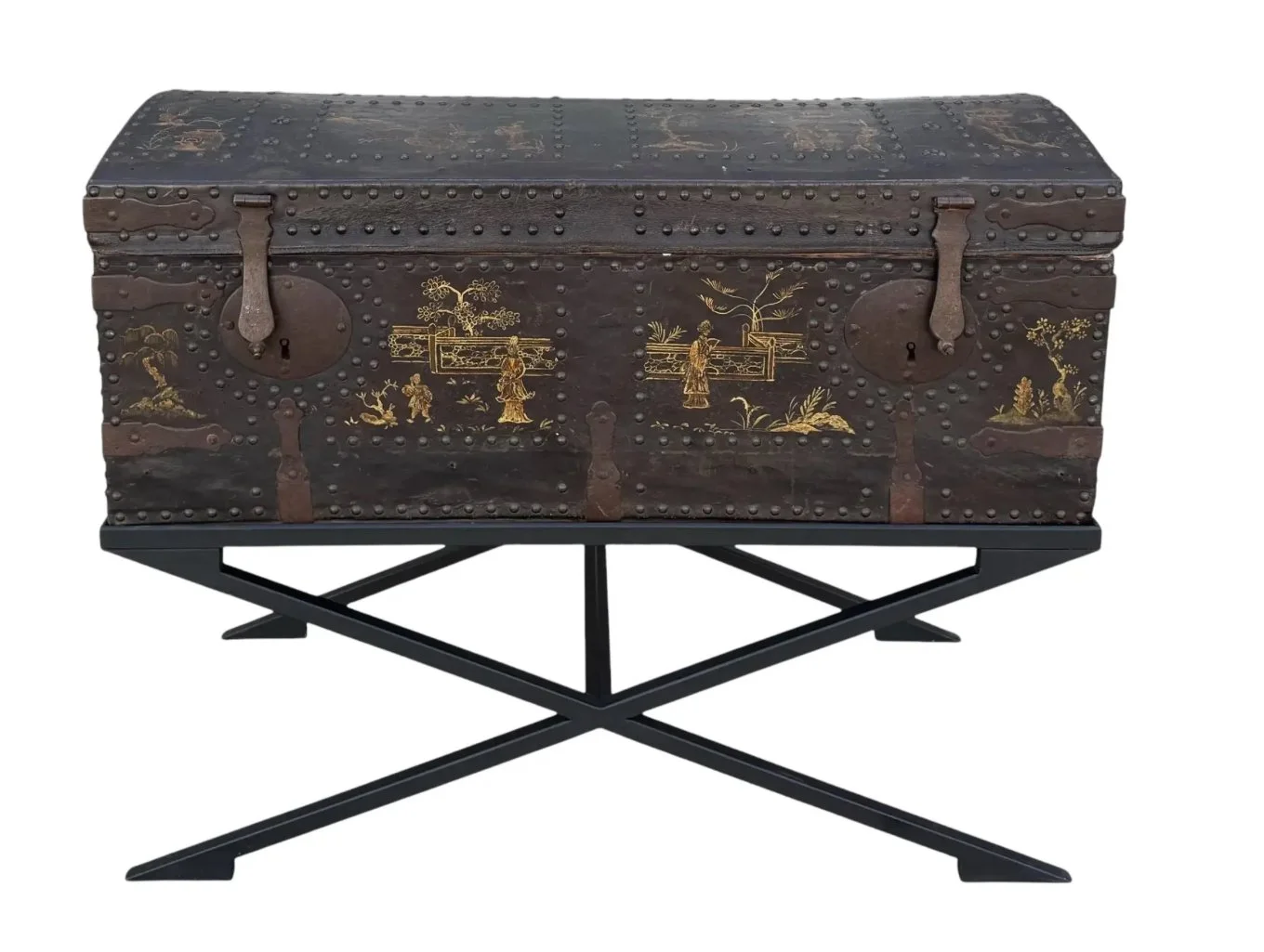 Antique Chinoiserie Decorated Leather Trunk on Stand