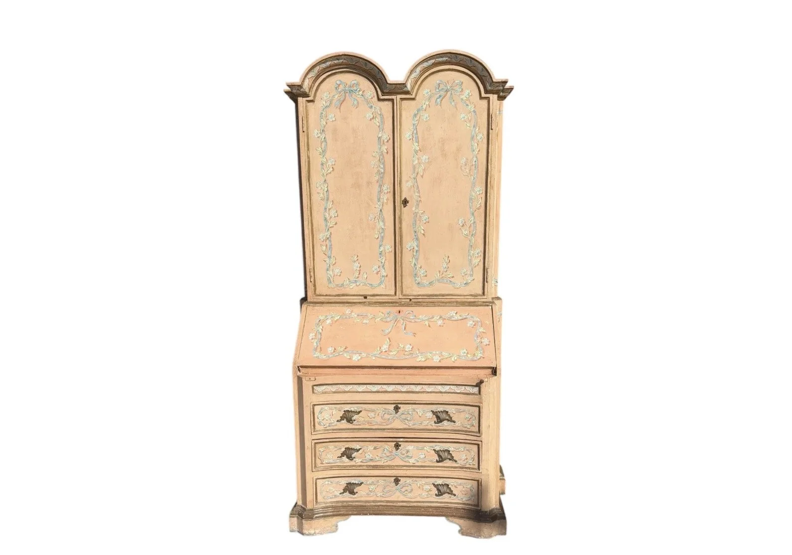 Italian Venetian Pink Chinoiserie Secretary Desk Cabinet