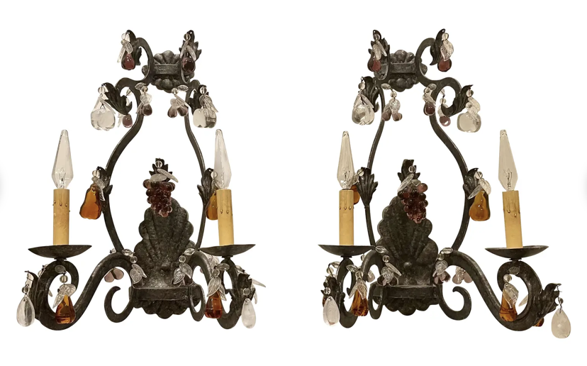 Murano Venetian Glass & Wrought Iron Wall Light Sconces - a Pair