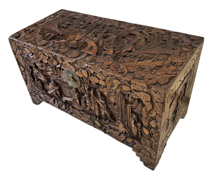Antique Chinese Hand Carved Cedar Lined Camphor Chest Box
