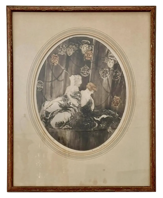 Antique Louis Icart Les Masques Hand Colored Print C.1926