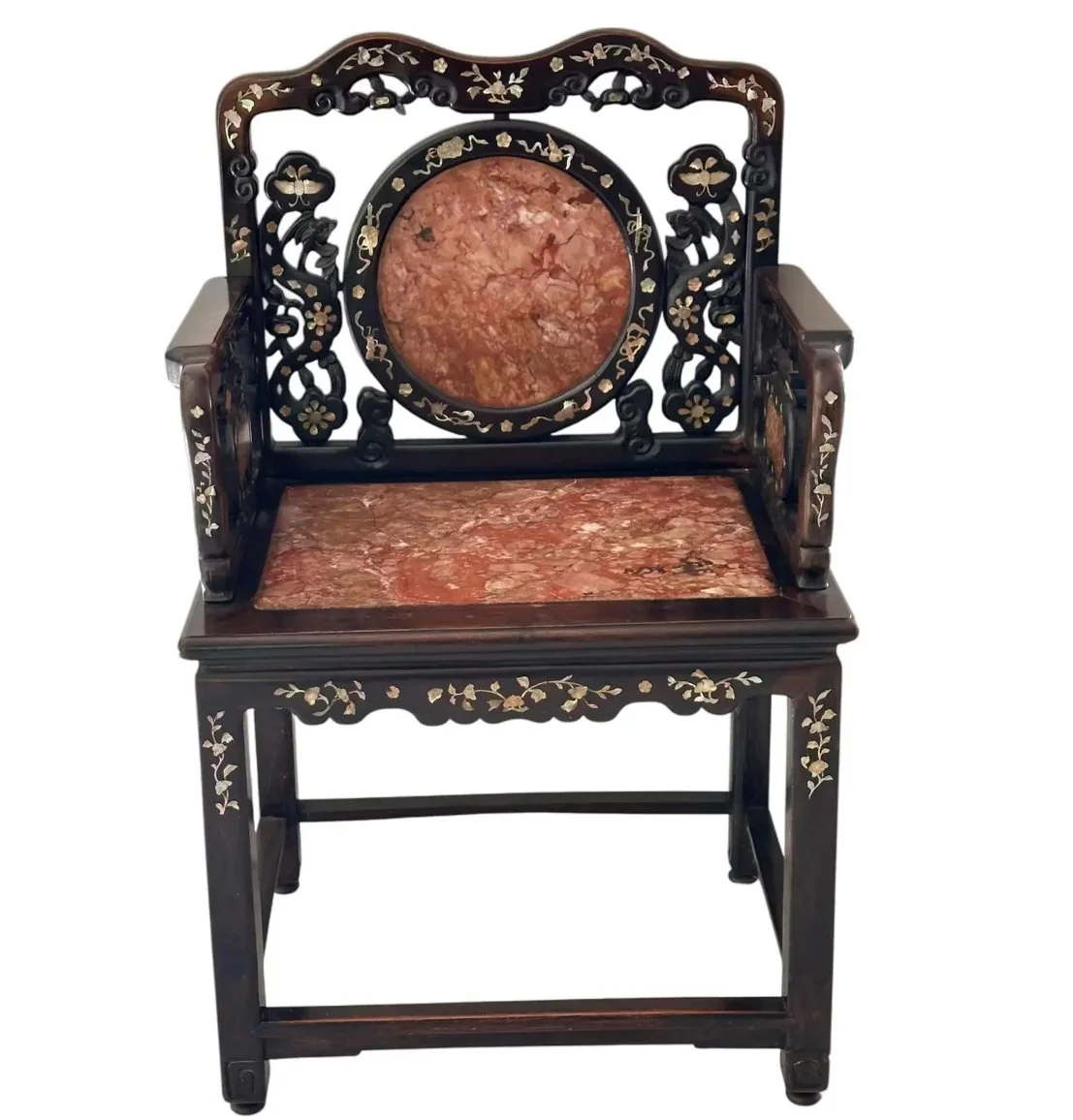 Antique Chinese Rosewood Arm Chair W Sienna Marble & Mother Pearl Inlay