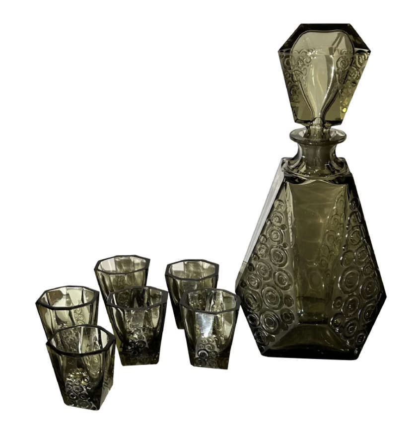 1920s Art Deco Period Moiser Black Crystal Decanter & Cordial Set- 7 Pieces