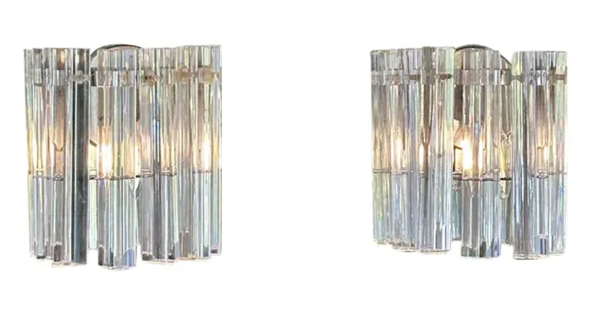 Pair of Mid Century Venini Italian Crystal Sconces, Unsigned