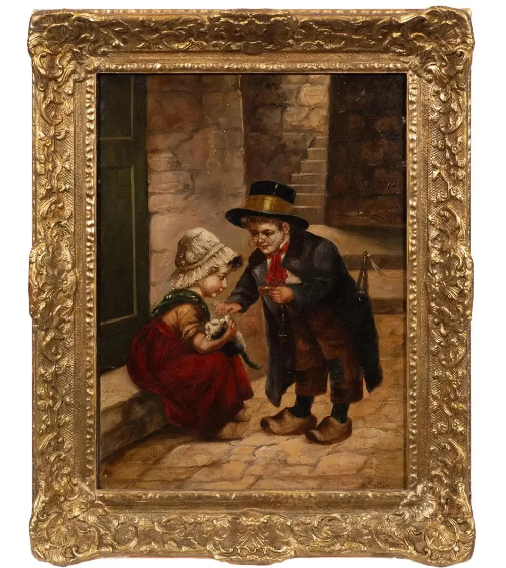Antique Dutch Style Oil Painting of Children With a Cat by H. Sellin
