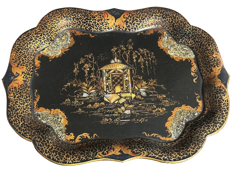 Antique Chinoiserie Abalone Inlaid Scenic Paper Mache Tray