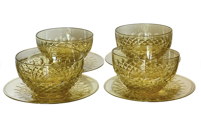 Antique Frederick Carder for Steuben Yellow Crystal Bowls & Underplates Set- 8 Pieces