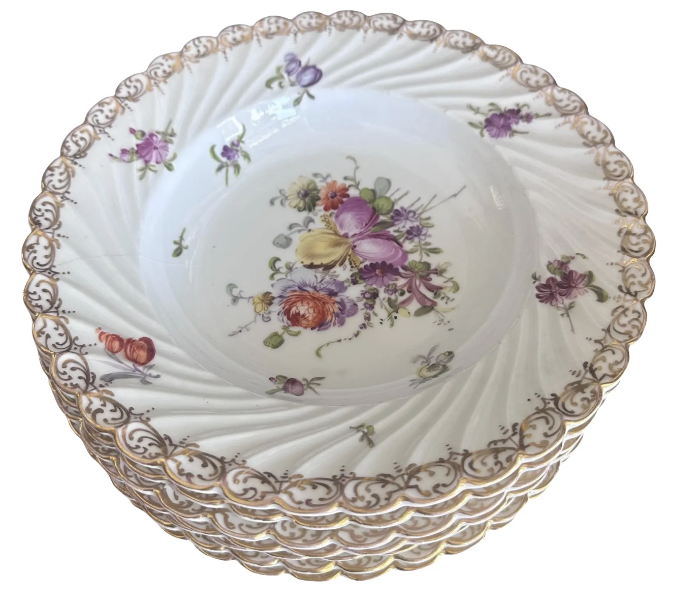 Set of 8 Antique Dresden Hand Painted German Porcelain Shallow Bowls
