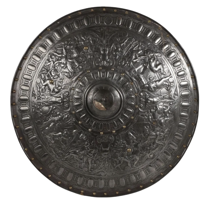 Antique Italian Renaissances Iron & Brass Cellini Shield - After Eliseus Libaerts