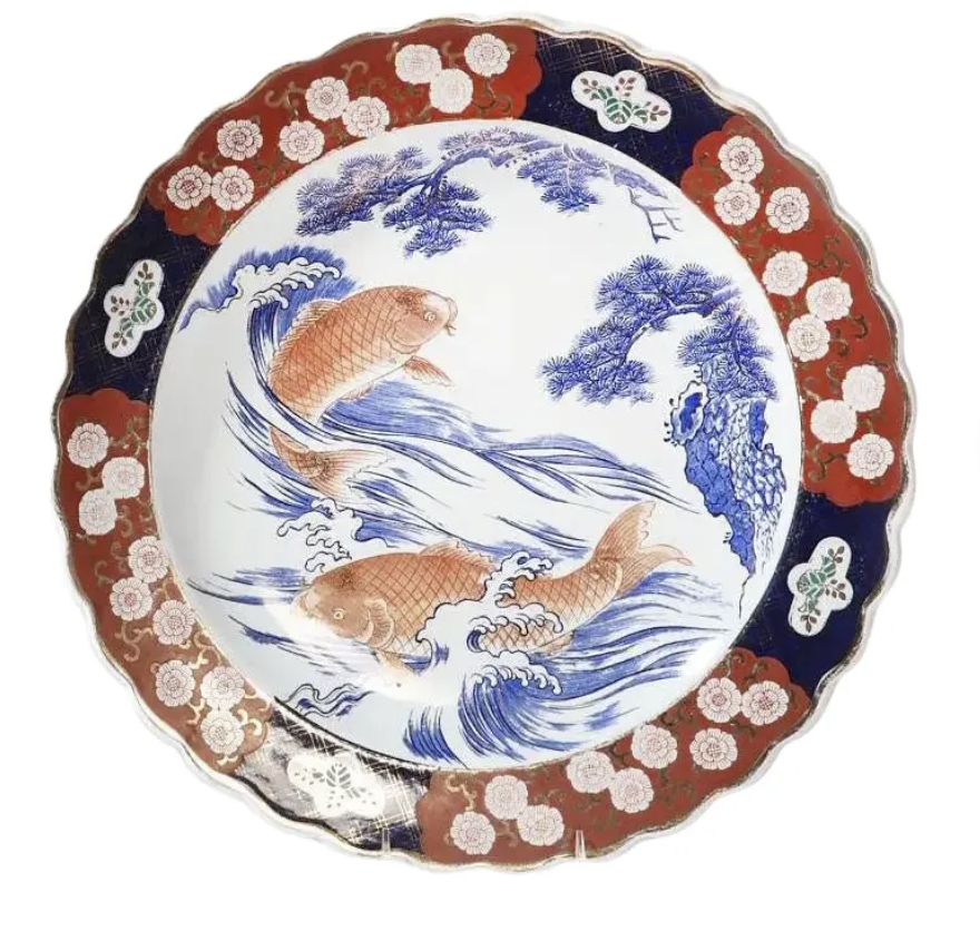 Antique 16.5” Japanese Imari Porcelain Fish Charger