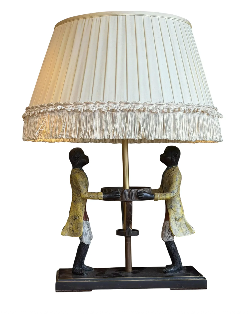 Singerie Chinoiserie Style Cold Painted Bronze 2 Monkey Lamp W Linen Shade