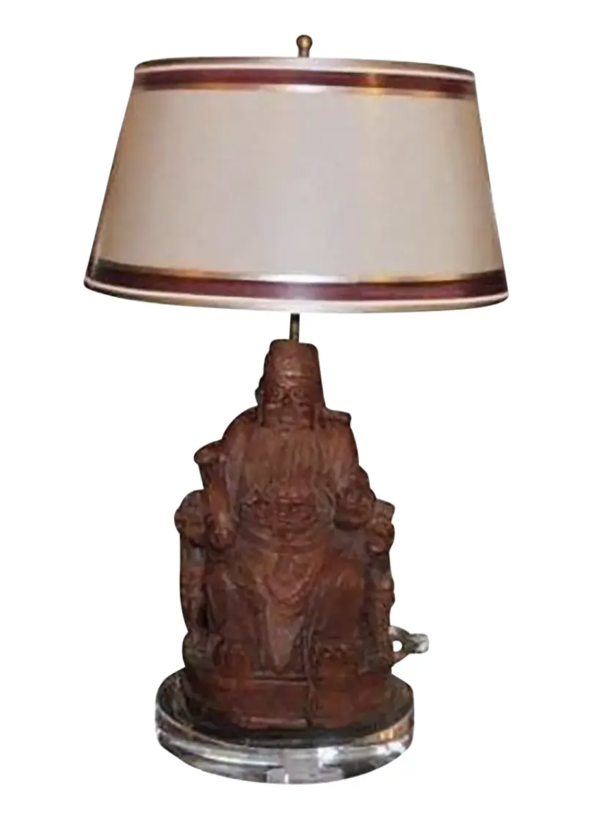 Antique Chinese Carved Wood Buddha Sculpture Lamp