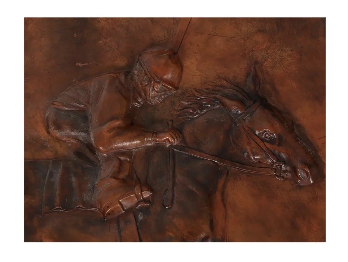 Huge Antique Equestrian Horse Racing Leather Frieze Picture