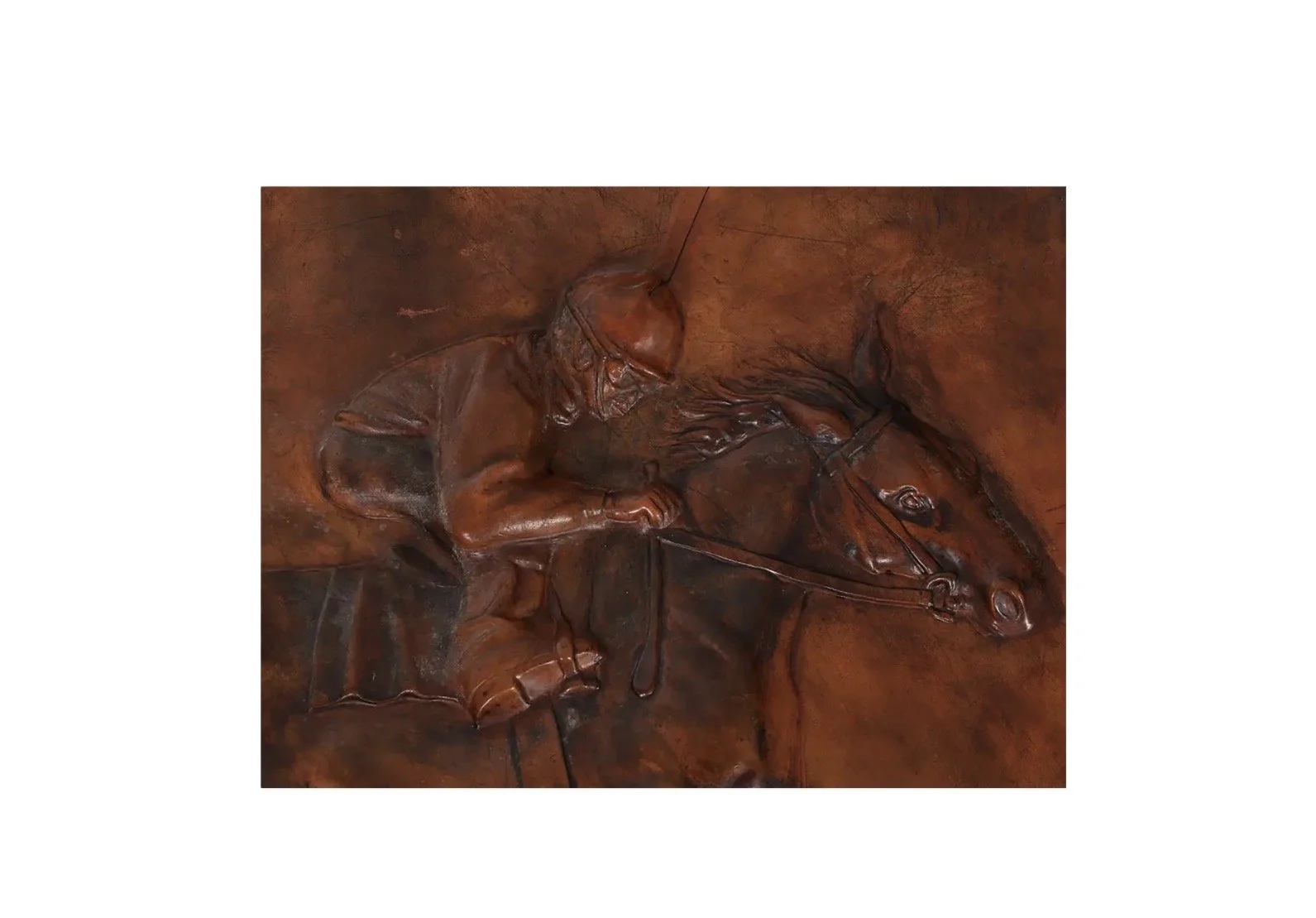 Huge Antique Equestrian Horse Racing Leather Frieze Picture