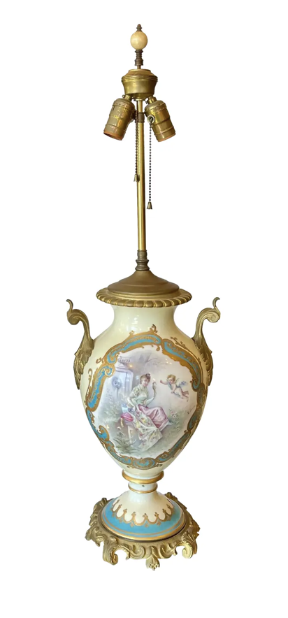 Antique French Porcelain & Gilt Bronze Serves Style Scenic Vase Table Lamp