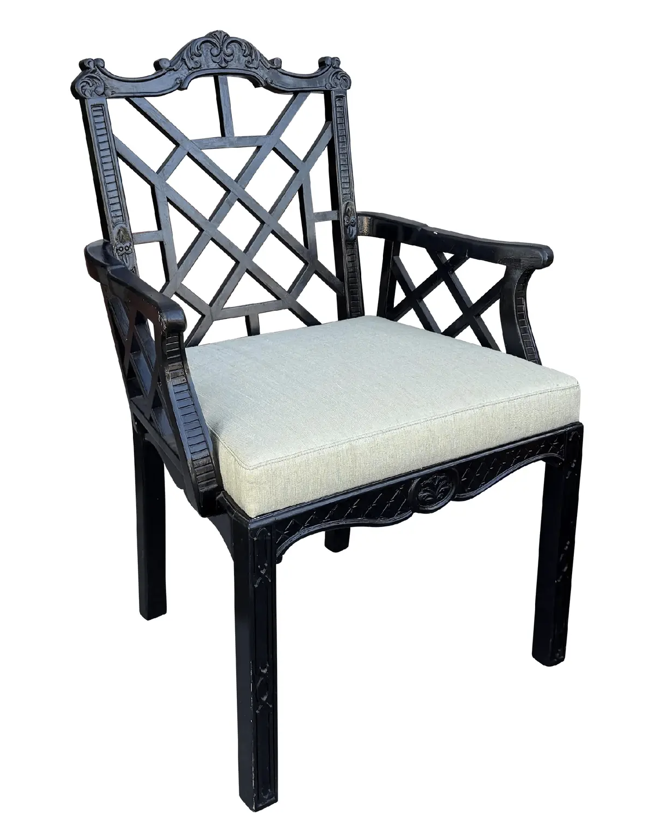 Hollywood Regency Black Lacquer Ming Arm Chair - Nancy Corzine Fabric