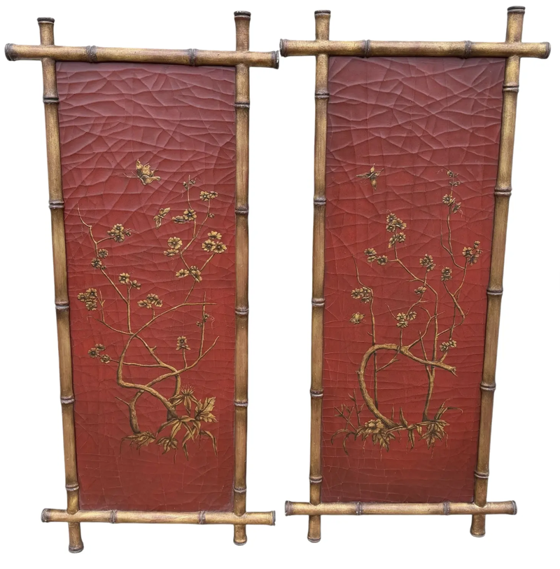 Pair of Signed Gustav Carroll Bamboo Hand Painted Red & Gold Chinoiserie Panels